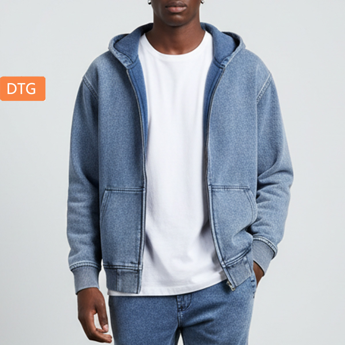 Men’s Washed Denim Zip Hoodie|380GSM DTG