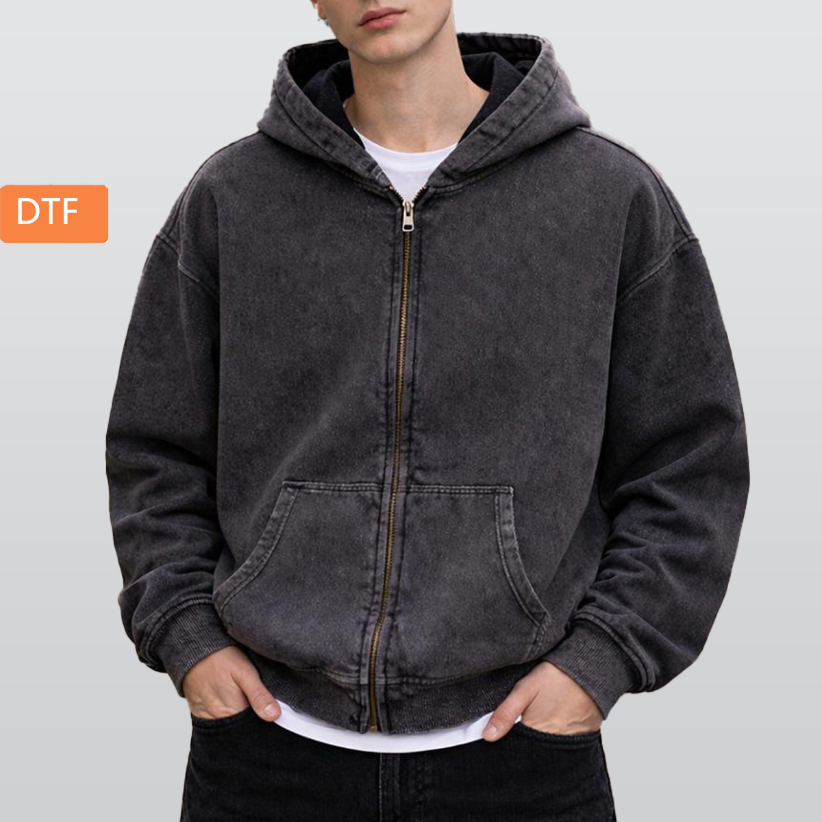 Men’s Fleece-Lined Vintage Wash Zip Hoodie|355GSM DTF