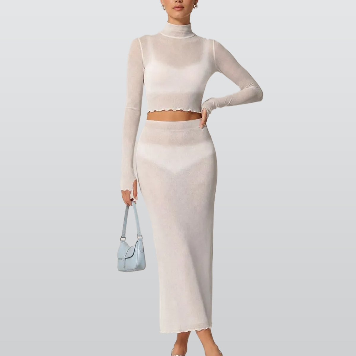 All-Over Print Women's High Neck Skirt Set With Thumb Hole