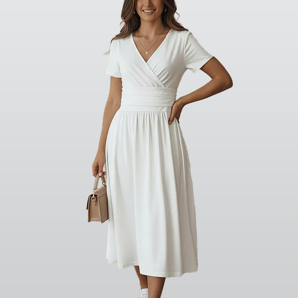 All-over Print Women's Short Sleeve V Neck Midi Dress