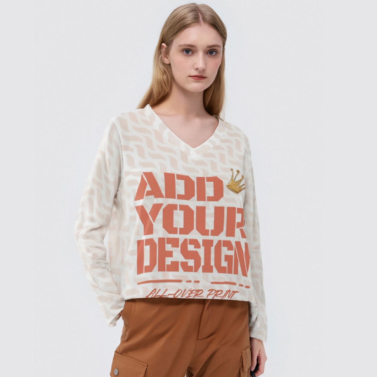 All-Over Print Women's Loose V-Neck T-Shirt With Long Sleeve