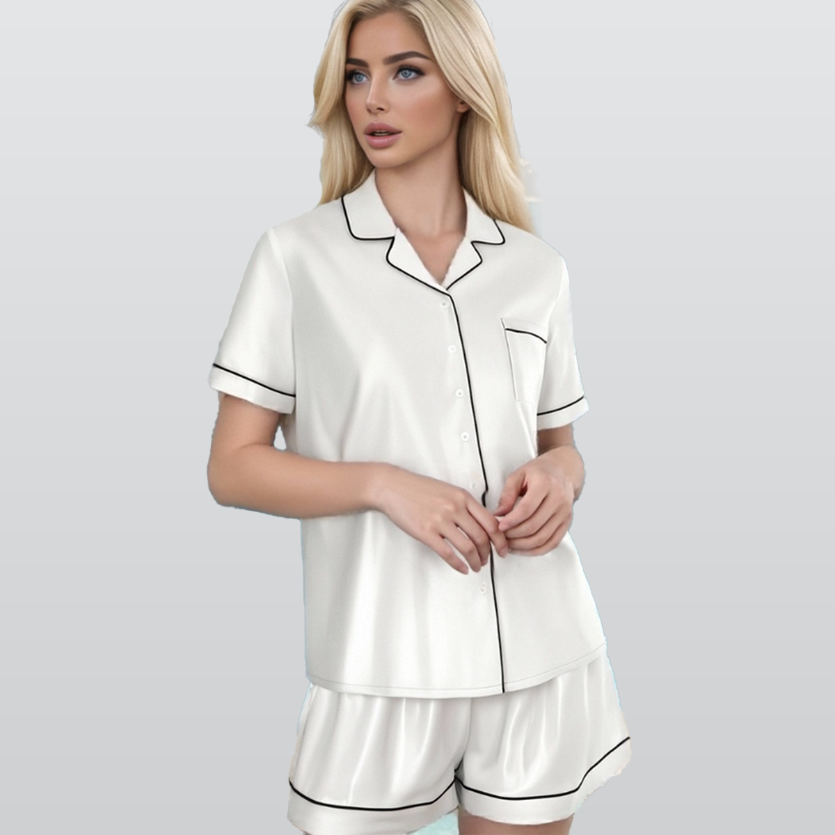 All-Over Print Women's Imitation Silk Pajama Set With Short Sleeve