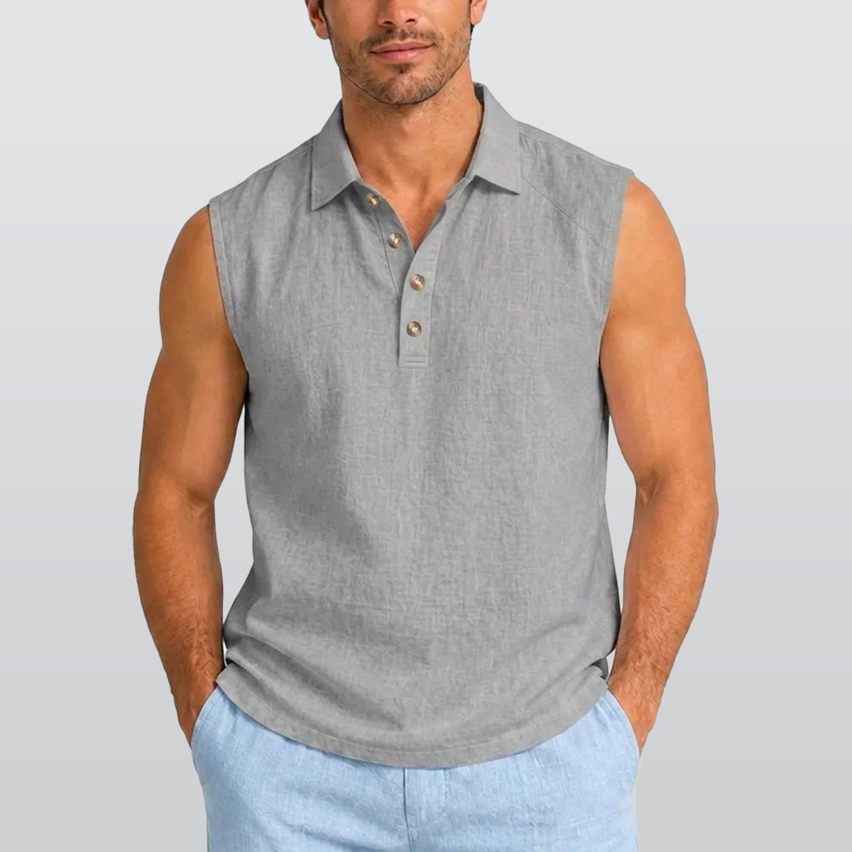 Men’s Linen-Blend Sleeveless Polo Shirt|DTF