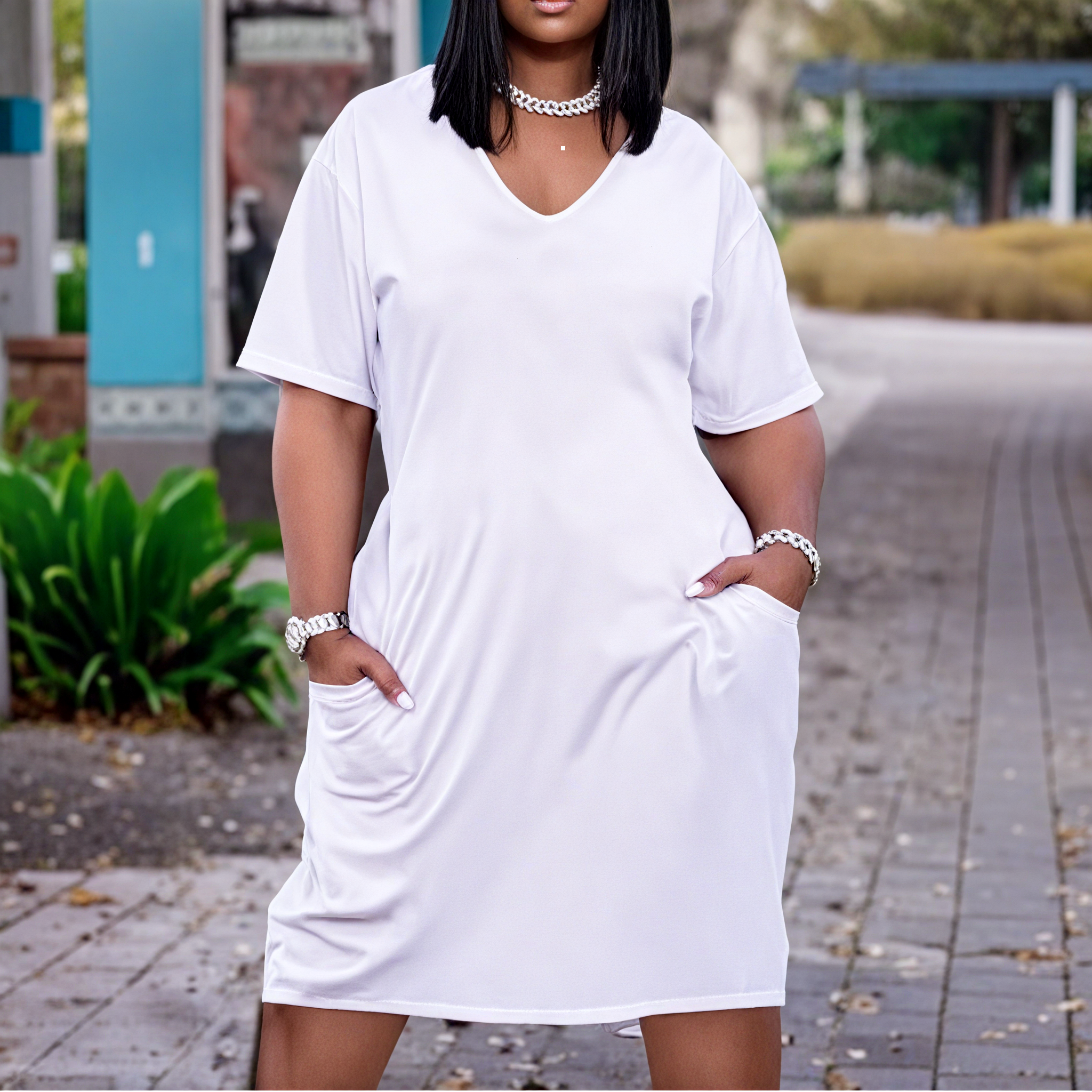 All-Over Print Women's V Neck Short Sleeve Dress|Plus Size